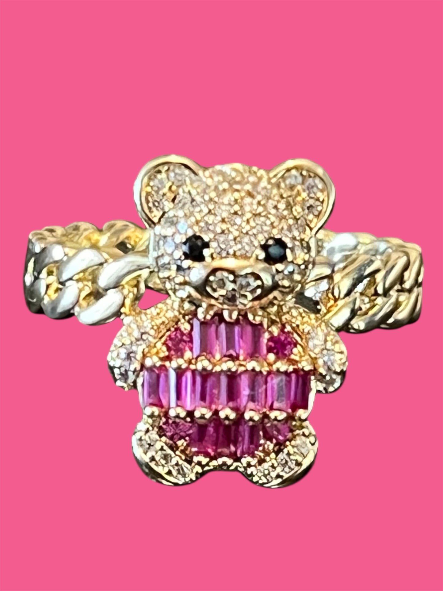 14K Gold Plated Fuchsia Bear Ring