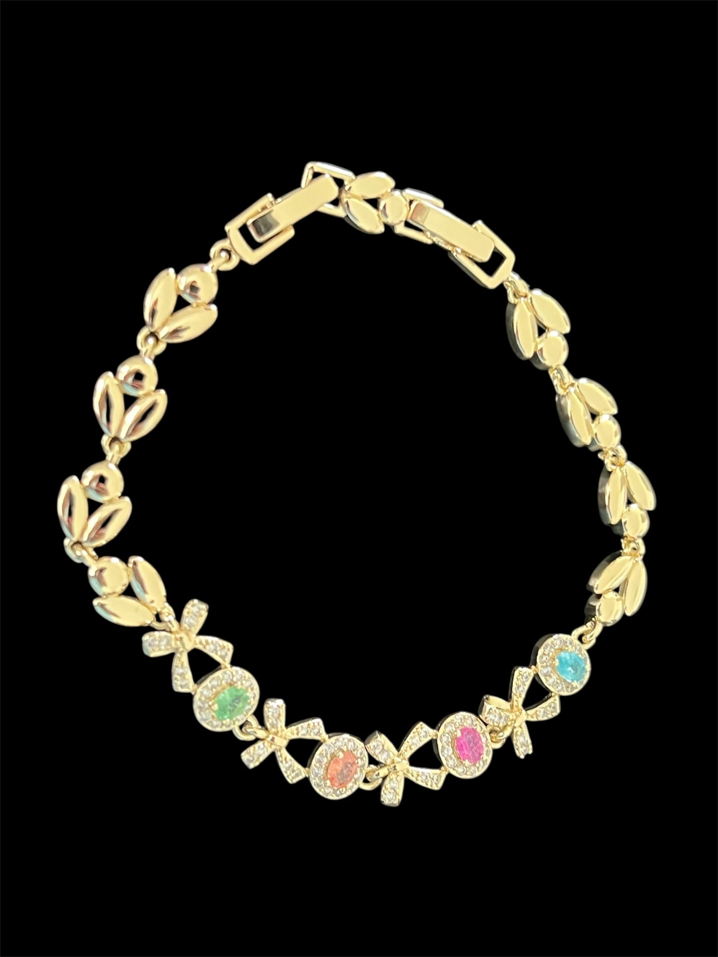 14K Gold Plated Ice Crystal Multicolor Bow Design Bracelet