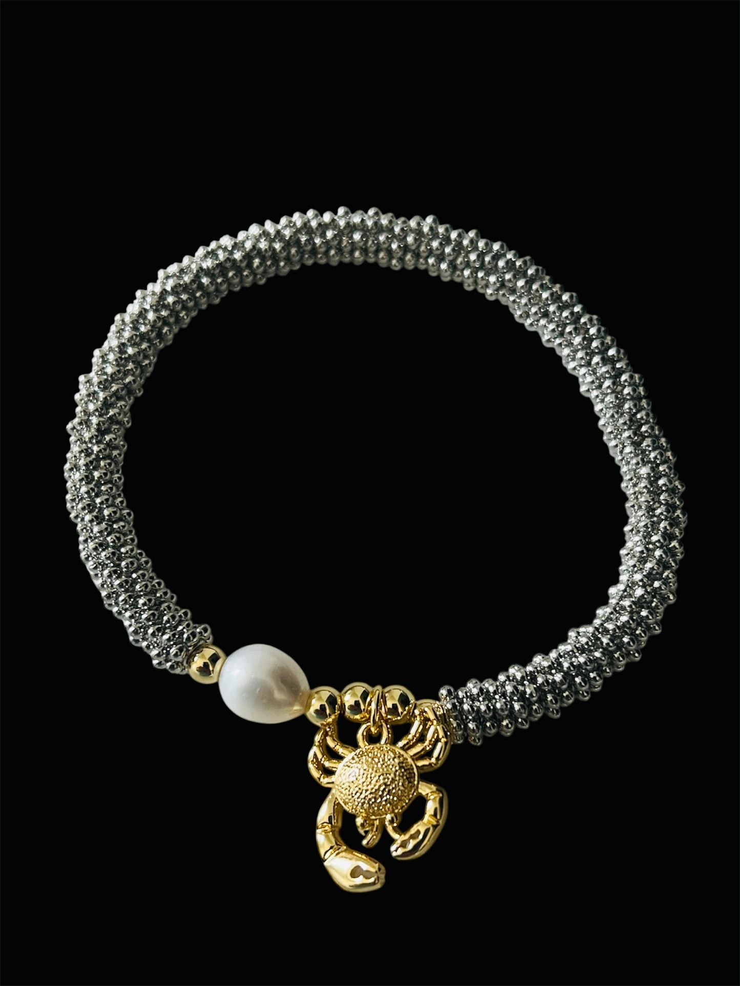 Two Tone Silver and 14K Gold Plated Elastic Charm Pearl Bracelet