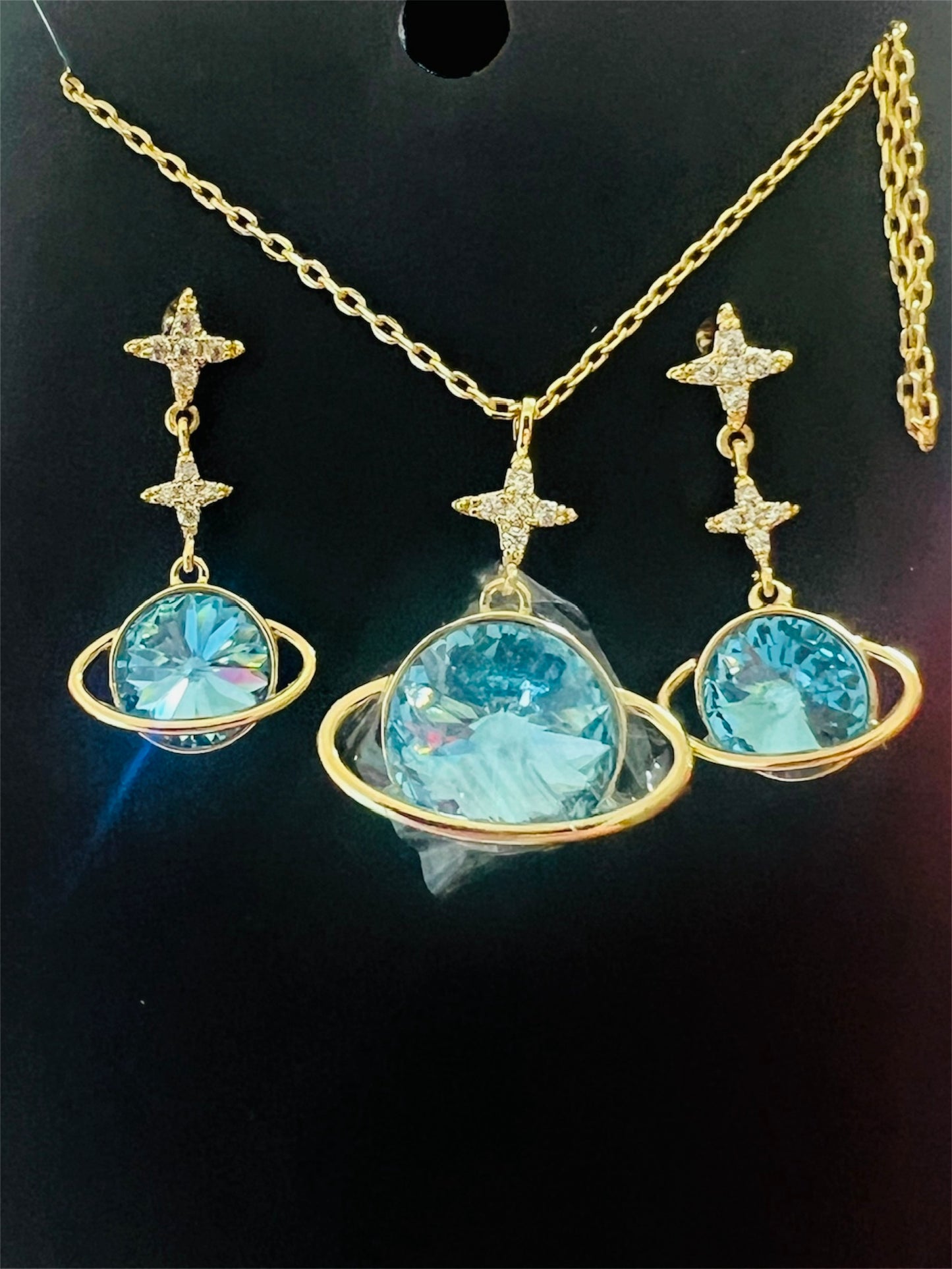 14K Gold Plates Teal Saturn and Stars Set