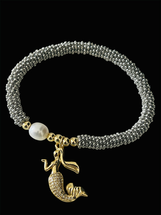 Two Tone Silver and 14K Gold Plated Elastic Charm Pearl Bracelet