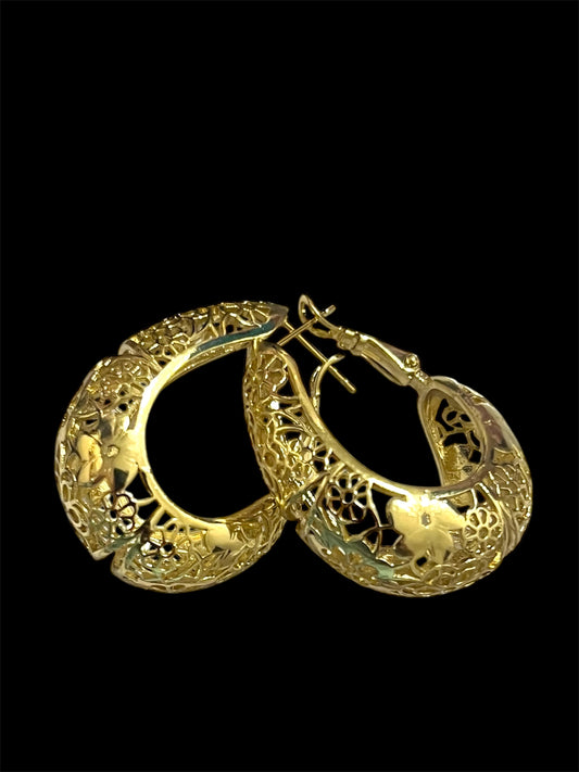 14K Gold Plated Chunky Floral Design Hoops