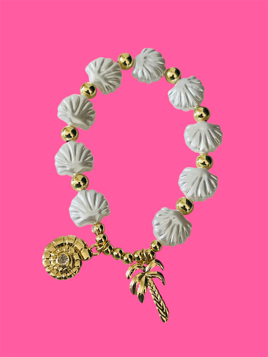 14K Gold Plated White Seashell Charm Elastic Bracelet