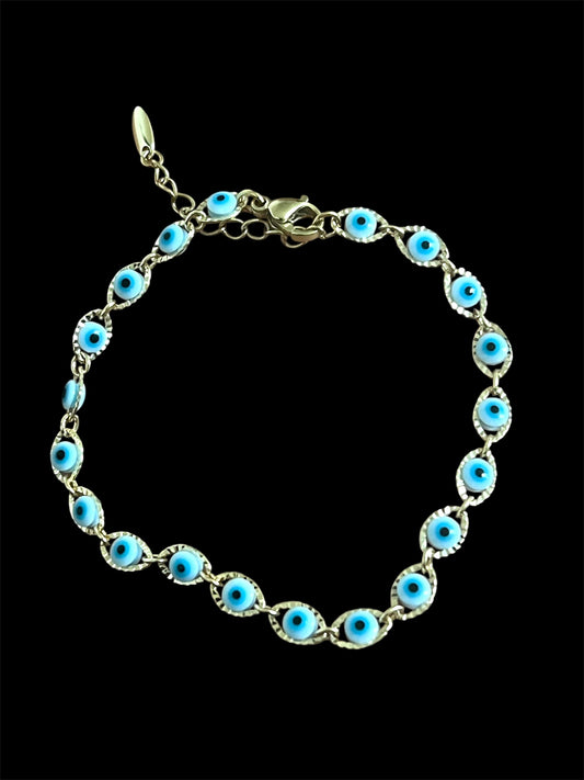 14K Gold Plated White and Blue Evil Eye Bracelet