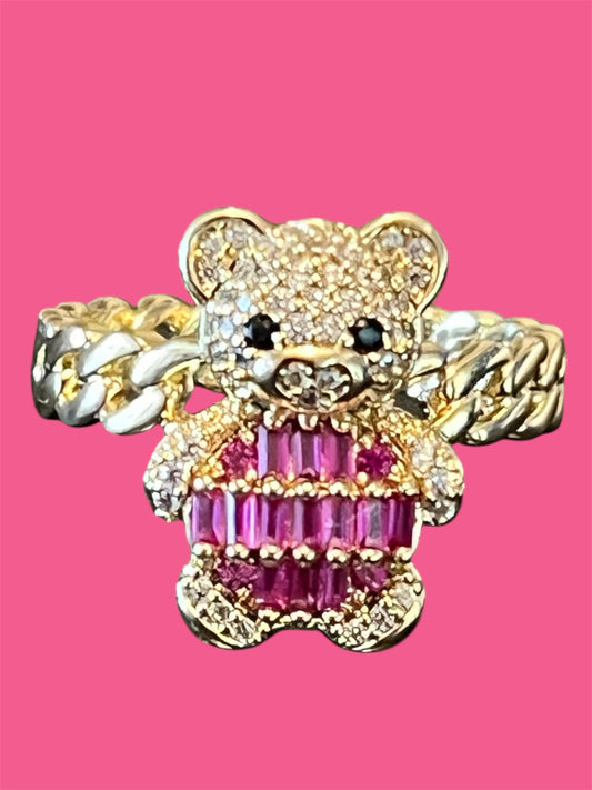 14K Gold Plated Fuchsia Bear Ring
