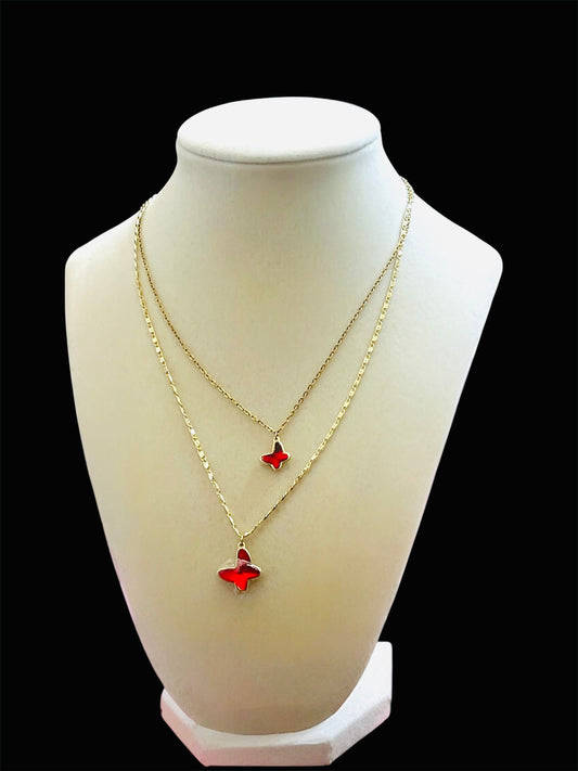 14K Gold Plated Layered Red Butterfly Necklace