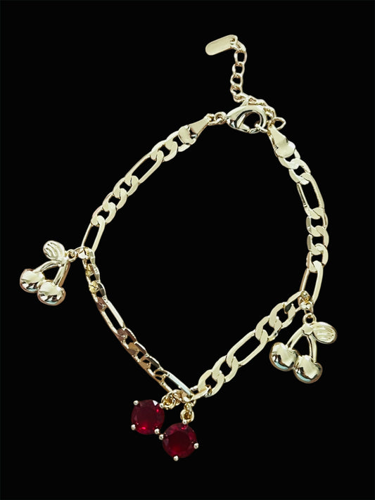 14K Gold Plated Cherry Figaro Charm Bracelet