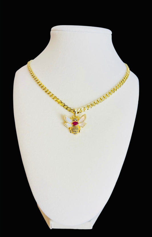 14K Gold Plated Pearl Ruby Bee on Cuban Necklace