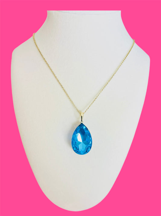 14K Gold Plated Blue Teardrop Crystal Necklace