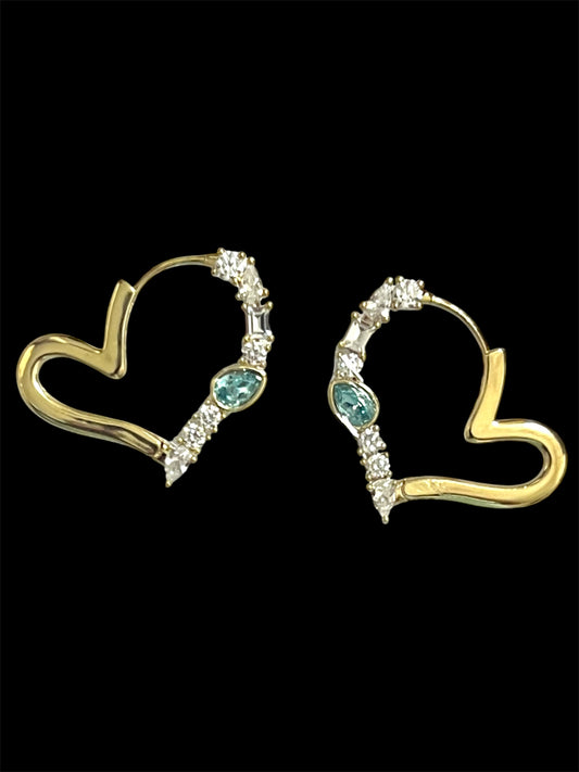 14K Gold Plates Teal Heart Hoops