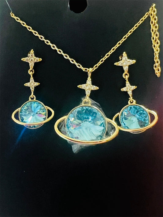 14K Gold Plates Teal Saturn and Stars Set