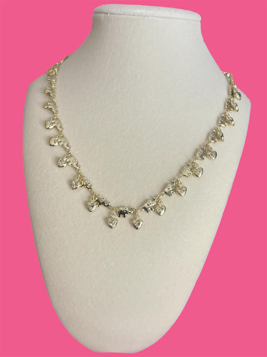 14K Gold Plated Elephant with Dangling Hearts Necklace