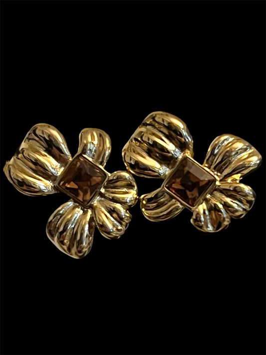 14K Gold Plated Brown Bow Studs