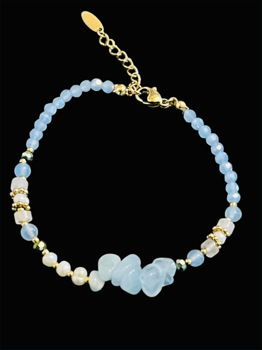 Stainless Steel Blue Beads and Pearl Bracelet
