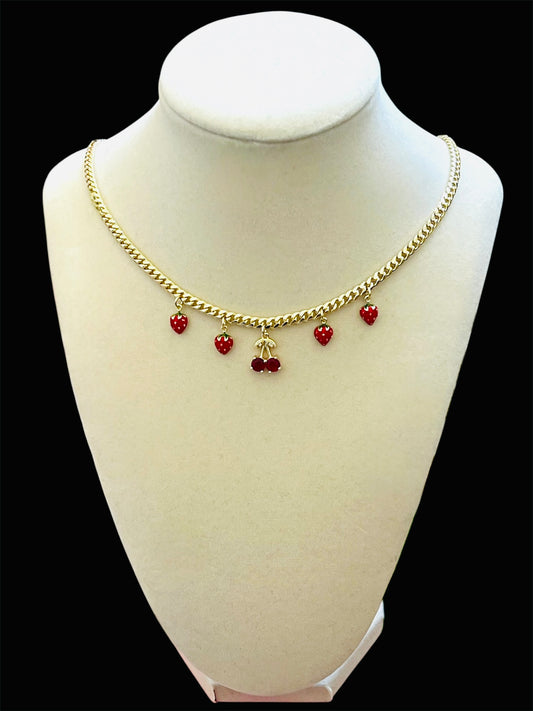 14K Gold Plated Cherry and Strawberry Cuban Necklace