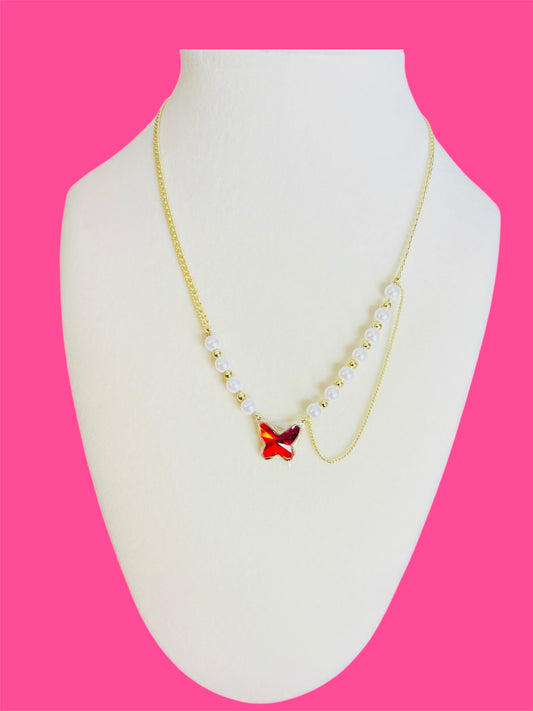 14K Gold Plated Red Pearl Butterfly Necklace