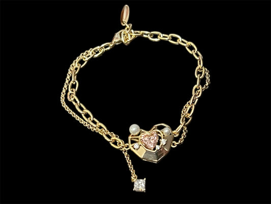 14K Gold Plated Pink Heart Charm Pearl Bracelet