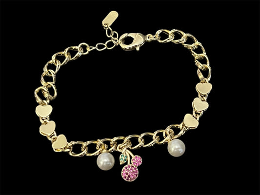 14K Gold Plated Cherry Pearl Charm Bracelet