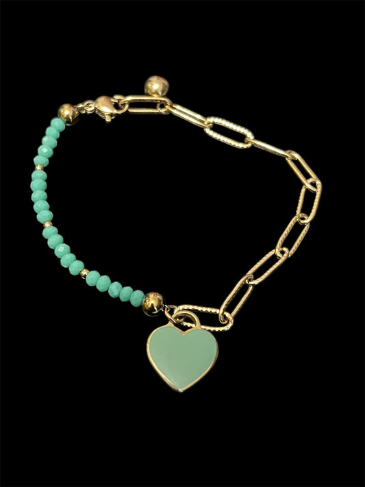 Stainless Steel Green Heart Charm Bracelet