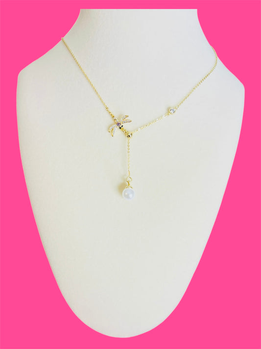 14K Gold Plated Pearl Dragonfly Necklace