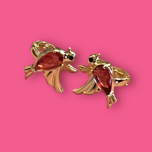 14K Gold Plated Red Hummingbird Hoops