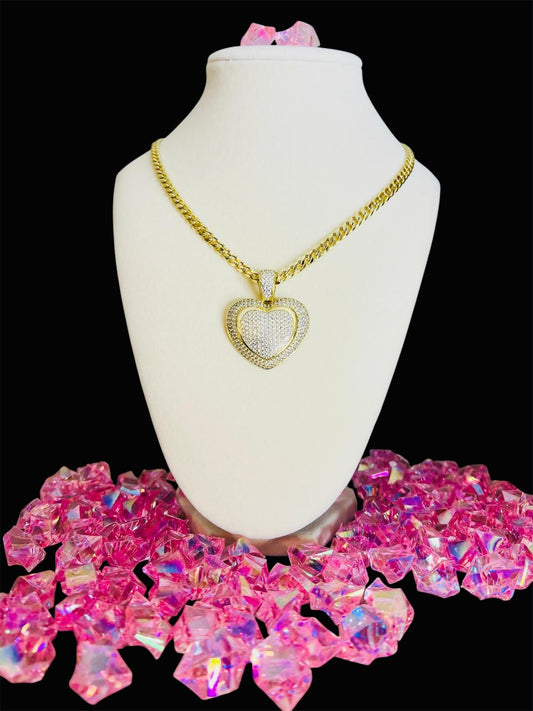 14k Gold Plated Heart with Cuban Necklace